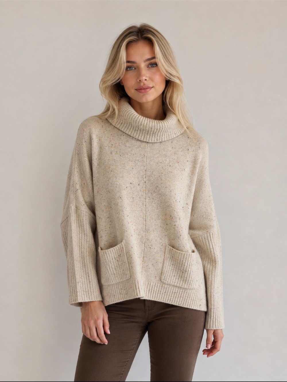 LOFT Cream Speckled Turtleneck Pocket Sweater